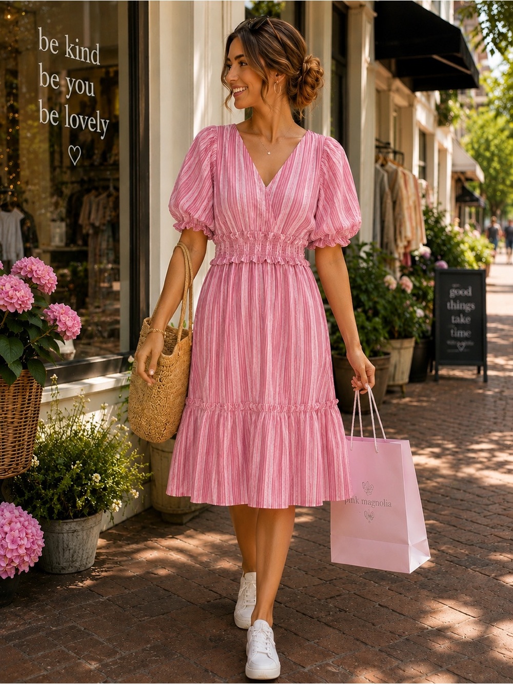NWT Umgee Pink Striped Smocked Midi Dress – Size Small – Cottagecore